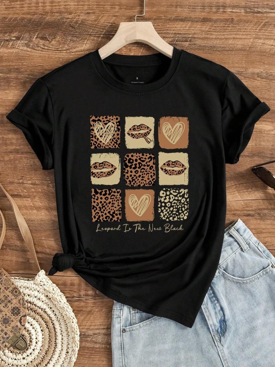 Leopard lips & Heart Printing Women T-Shirt Summer Casual Street Short Sleeve Tees Fashion Oversize Soft Female Tops Clothes S