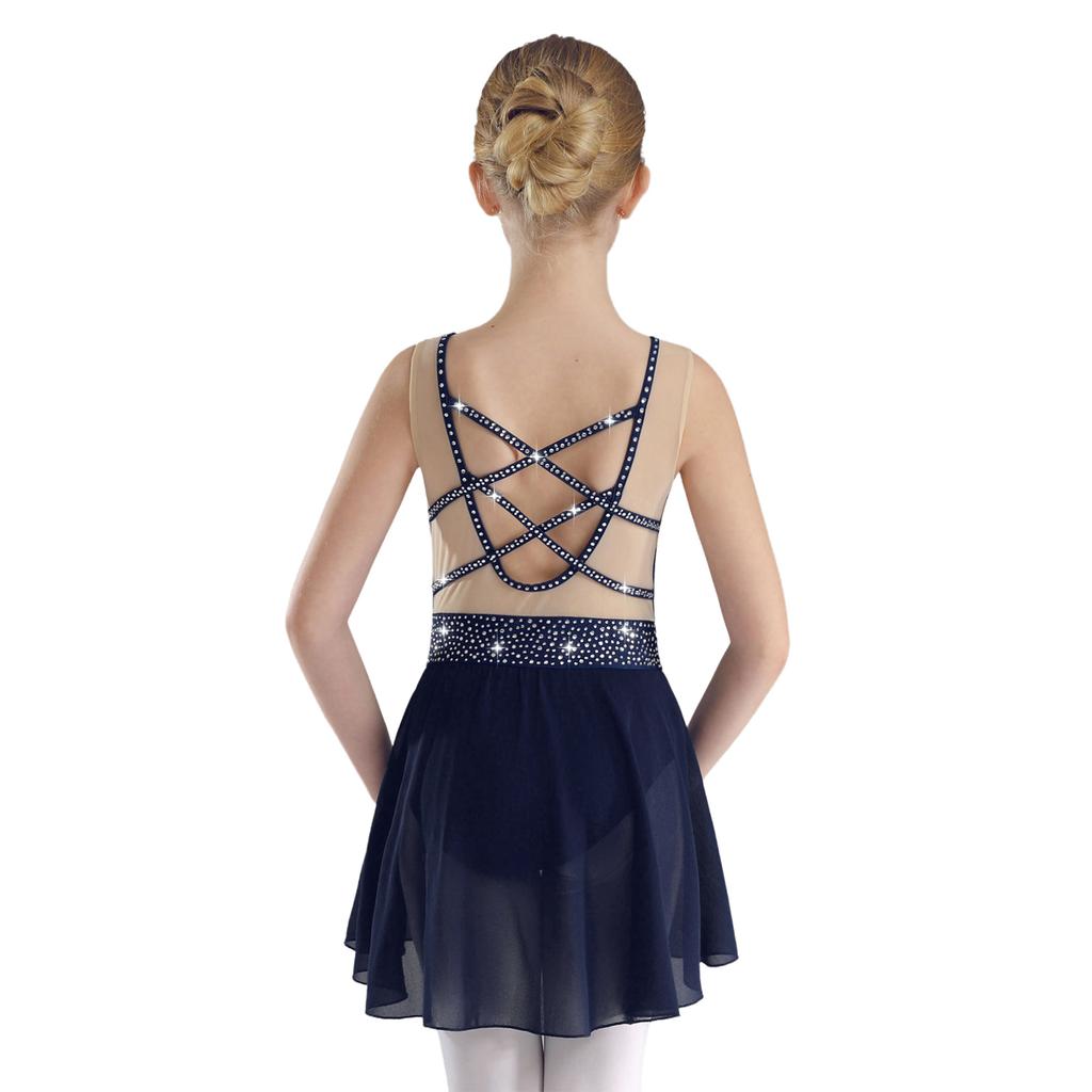 Girls Sparkly Lyrical Performance Leotard Crisscross U Back Design Skirted Leotard Rhinestone Dance Costume
