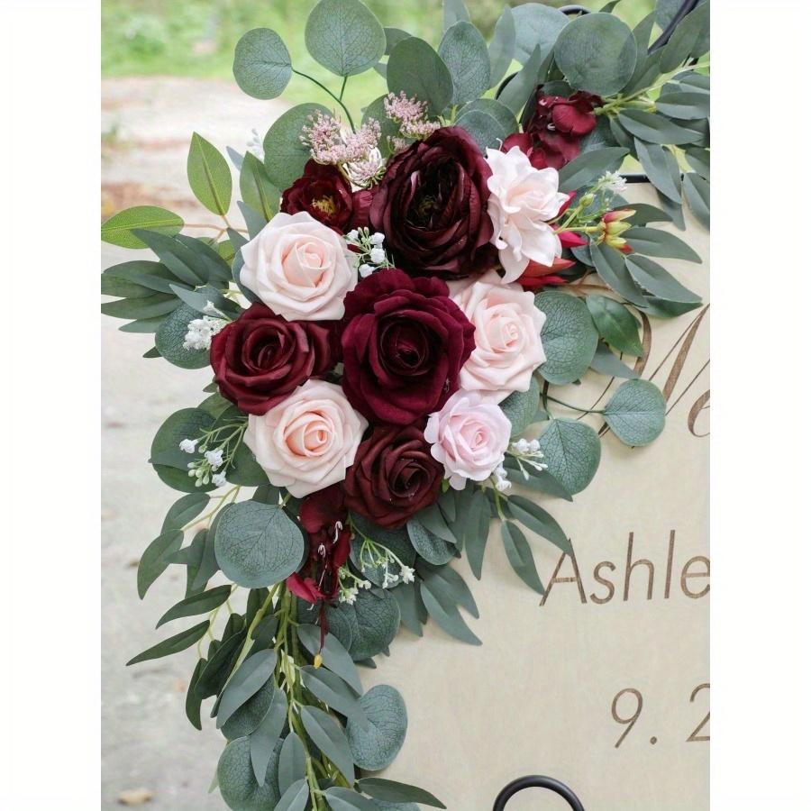 2pcs-Wedding Arch Flowers, Artificial Burgundy Wedding Flowers, Wedding Welcome Sign Decoration and Arch Flowers for Wedding Reception