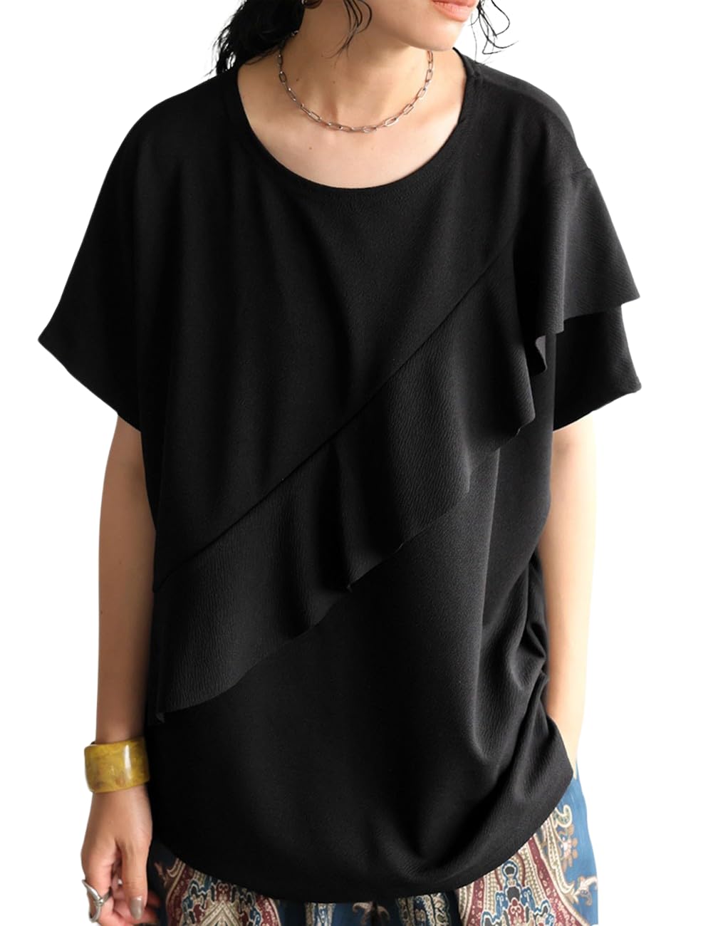 Женский топ с оборками antiqua, короткий рукав, однотонный, AJ-01785 F 05, Черный