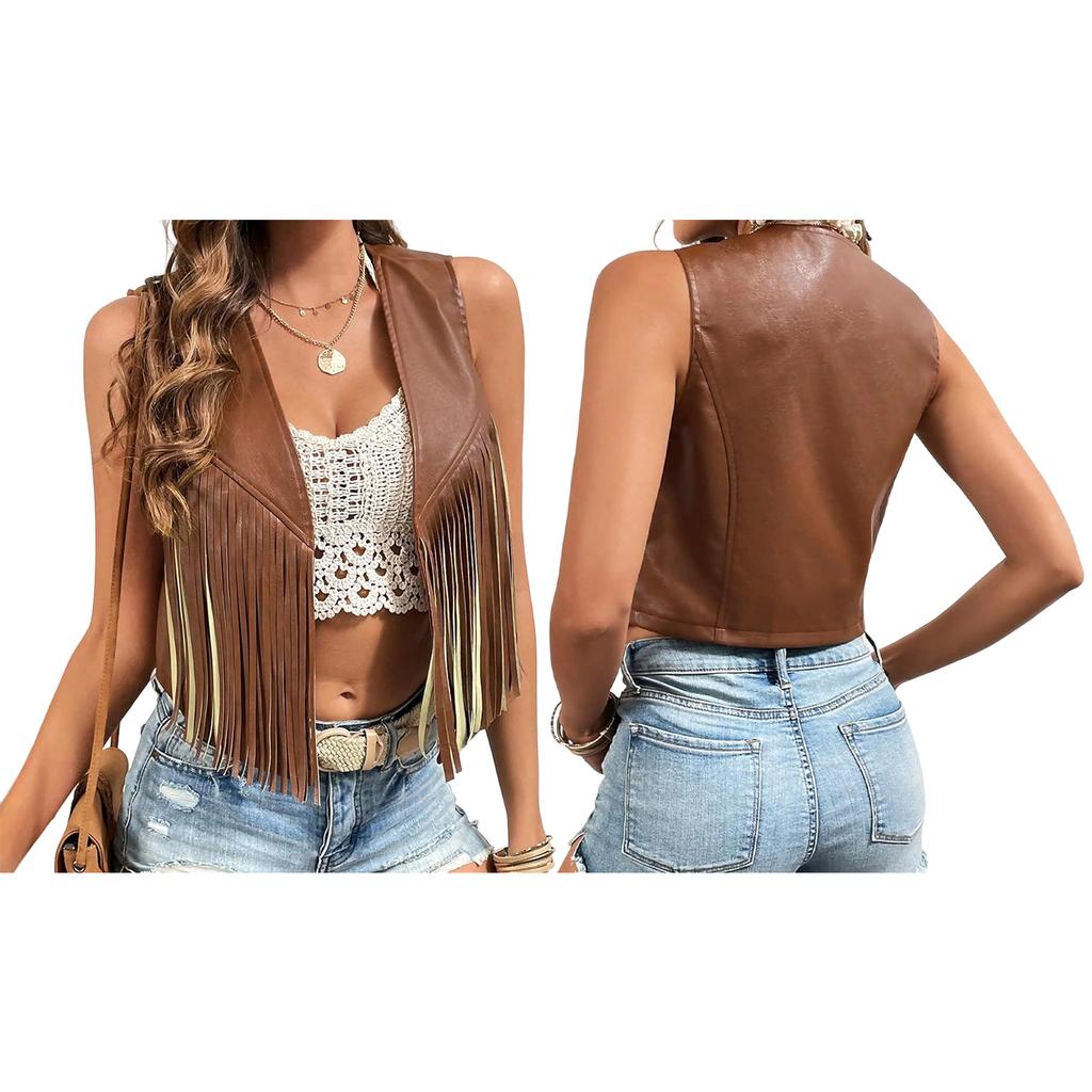 Gilet da Donna Vintage in Pelle con Frange e Apertura Frontale Costume Hippie Anni '70 Senza Maniche Abbigliamento Esterno da Cowgirl Western