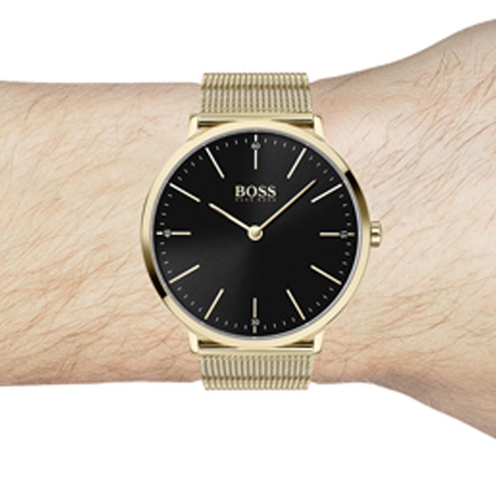 BOSS Orologio da Uomo al Quarzo con Bracciale in Rete Metallica Horizon Nero Oro 1513735