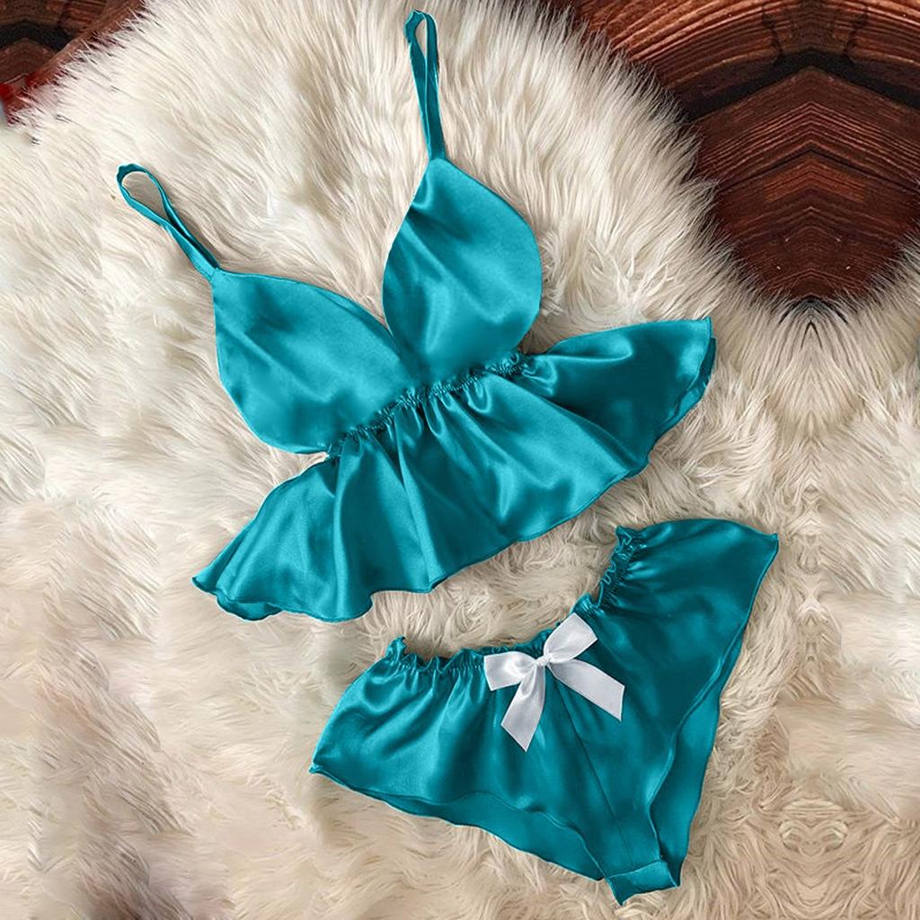Women's Pajama Set V-neck Velvet Sexy Solid Color Satin Shorts Two Piece Set