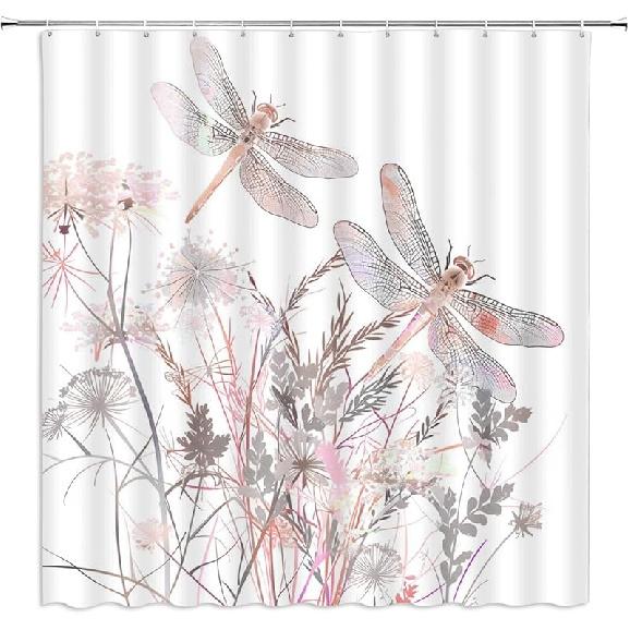Dragonfly Floral Shower Curtain Wildflower Dragonflies Flower Blooms Branch Leaves Sage Spring Summer Botanical Vintage Abstract Fabric Bathroom