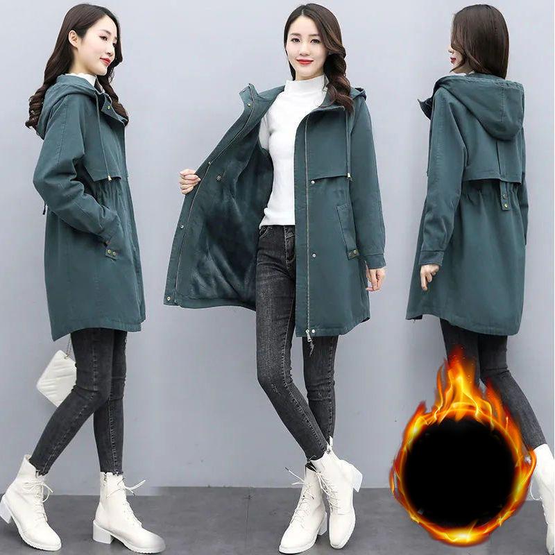 Dámská zimní parka Korejská plyšová zateplená dámská bunda Dámský teplý kabát s kapucí Středně dlouhý Ležérní svrchník