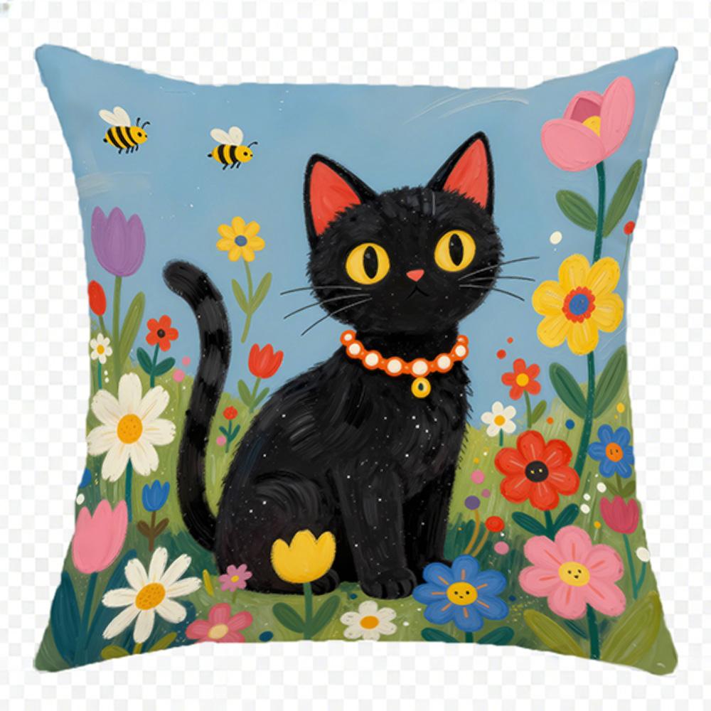 1/4Pcs Black Cat Floral Pillowcases For Cozy Decor Sofa Cushion Cover Home Bedroom Room Decoration