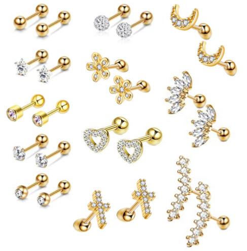 Stainless Steel Zirconia Threaded Ear Studs and Stainless Steel Piercing Ear Bone Pins Set