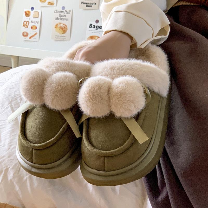 New Hairy Double Ball Bow Home Cotton Slippers Winter Indoor Velvet Warm Non-slip Slippers Can Be Worn Outside