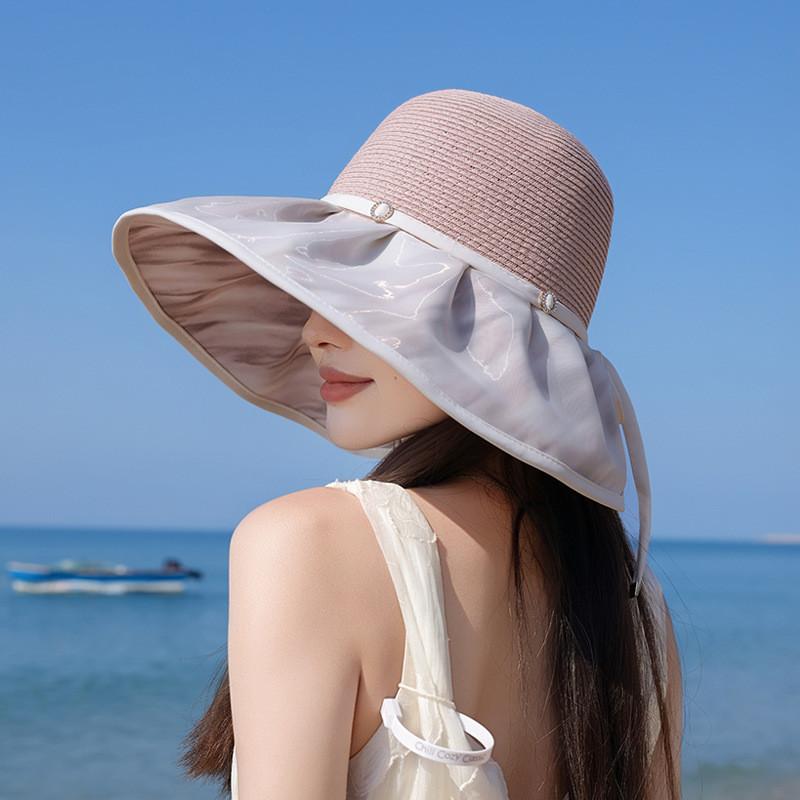 Outdoor Sun Hat For Women Wide Brim Straw Summer Beach Sun Protection Stylish Casual Outdoor Wear