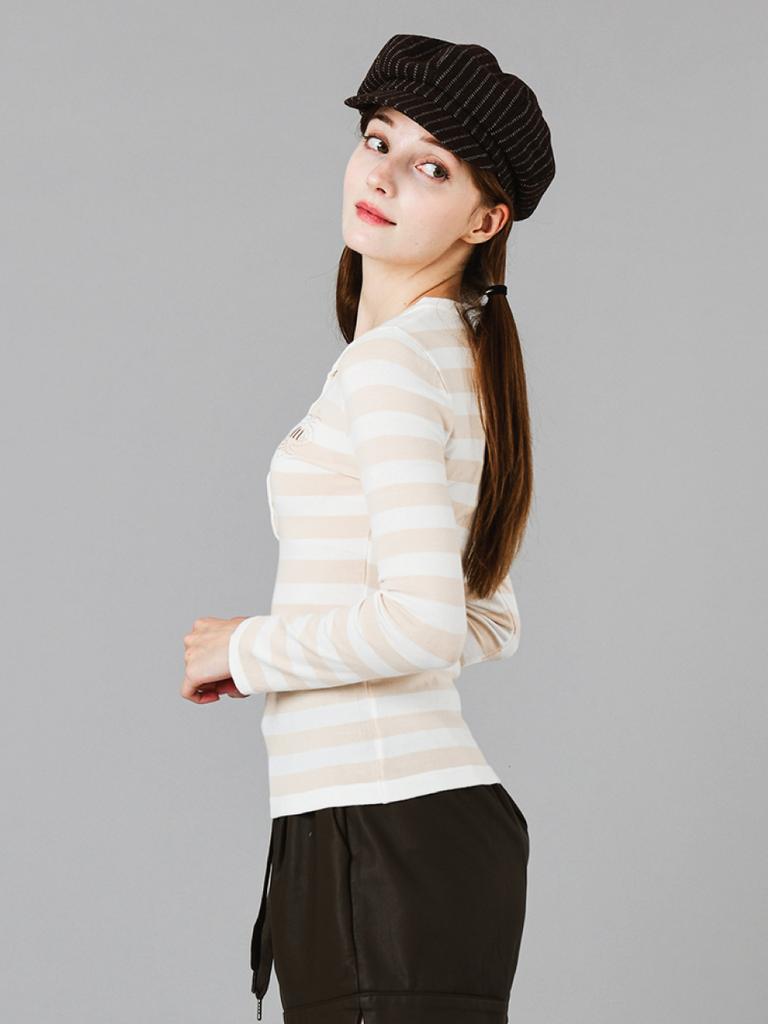 DOYOUKNOWMC 23Fw Bold Stripe Peach Beige Henley Neck Knit