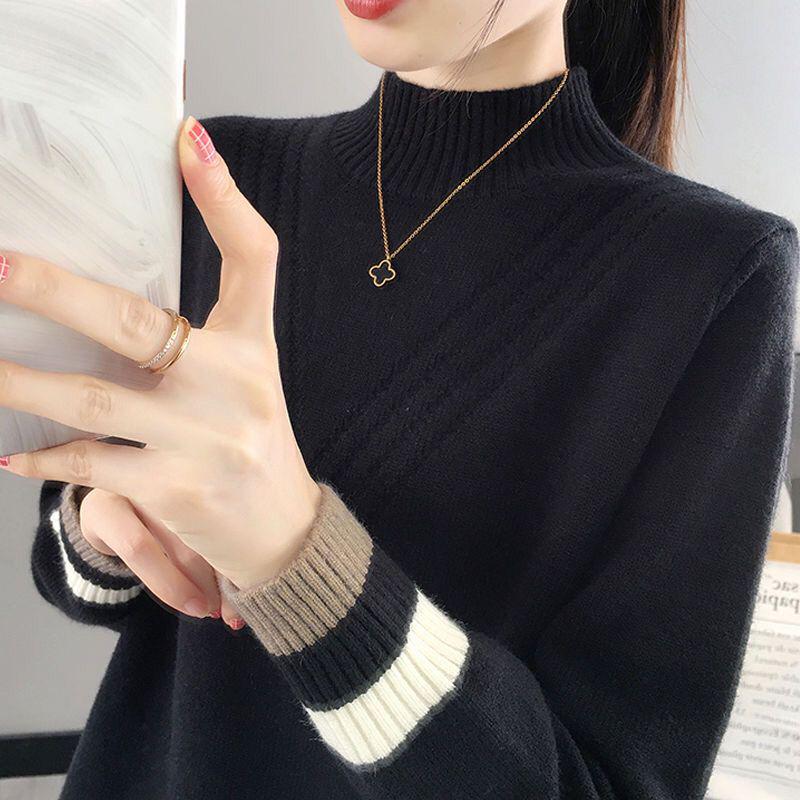 Women's High Neck Sweater Top - 2024 Autumn/Winter Collection, Loose Fit, Knitted Base Layer.