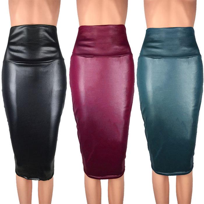 European Faux Leather High-Waisted Knee-Length Midi Skirt