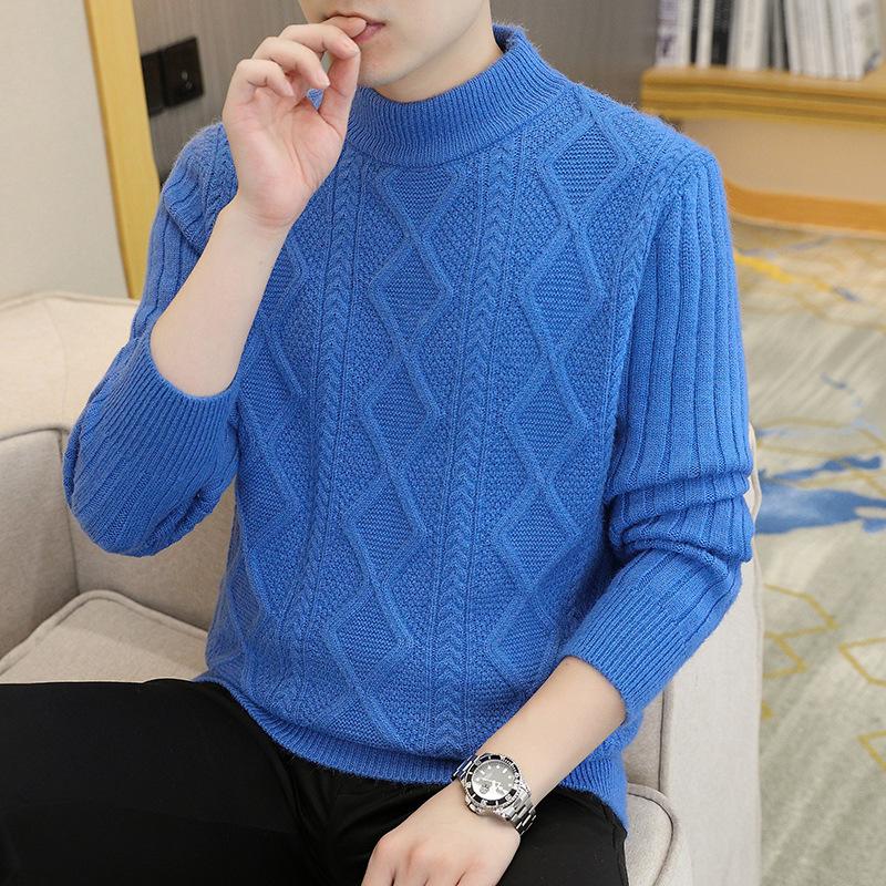 Autumn and Winter New Men's Clothing Student Thickened Twisted Korean Version Pullover Semi-turtleneck Knitted Sweater