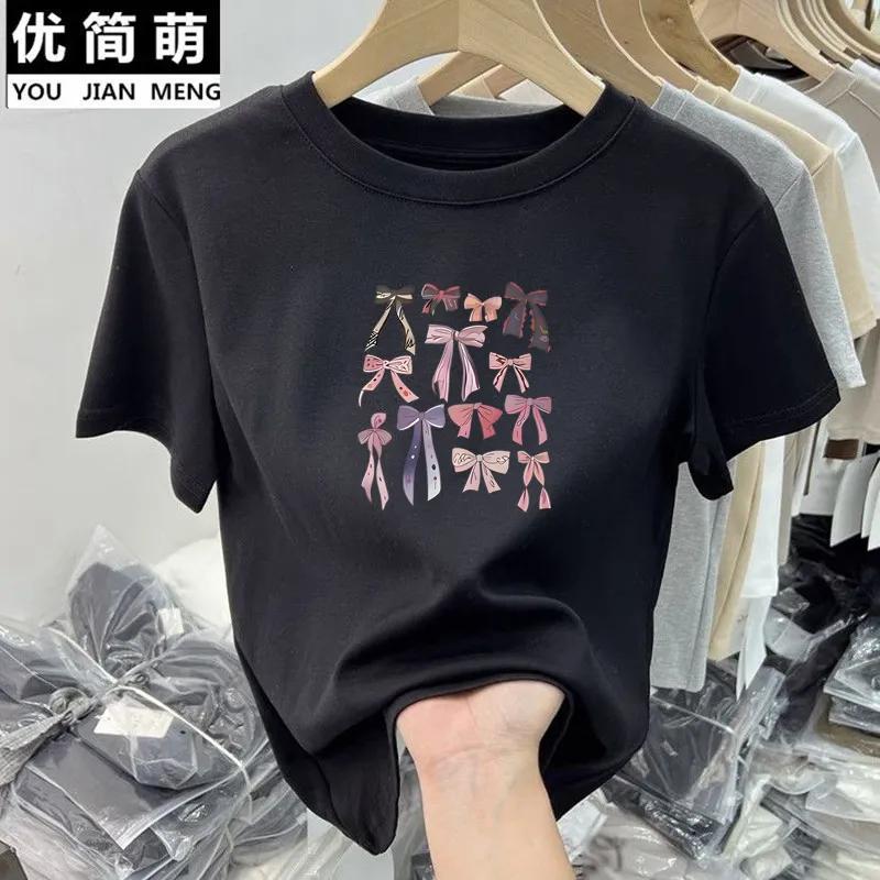 Women Multi Bowknot Graphic Crew Neck Short Sleeve Casual T-shirt