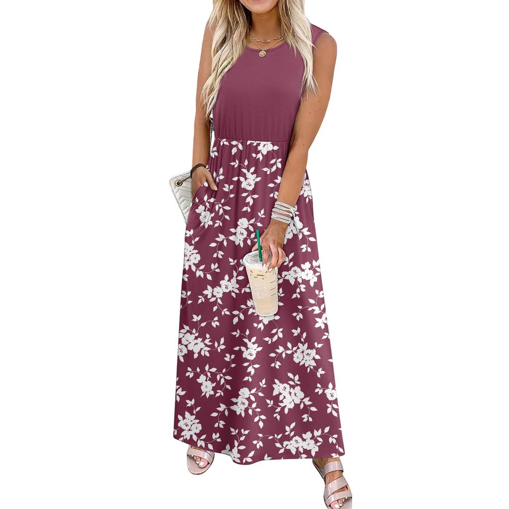 Ladies' Floral Print Casual And Fashionable Waist Cinched Sleeveless Dress