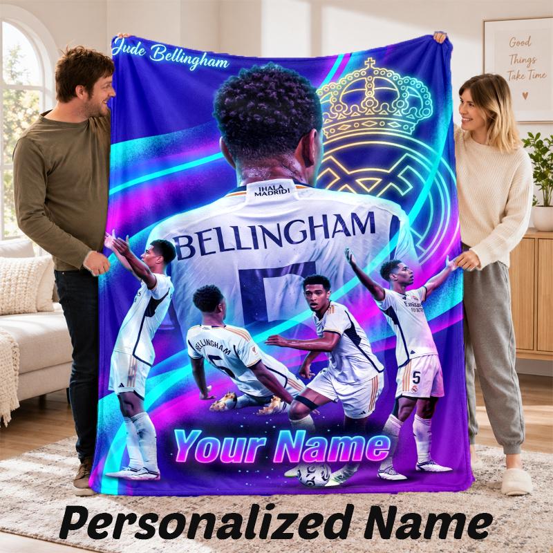 Custom Name Jude Bellingham Flannel Throw Blanket Personalized Text Soft Blanket Bed Sofa Gift