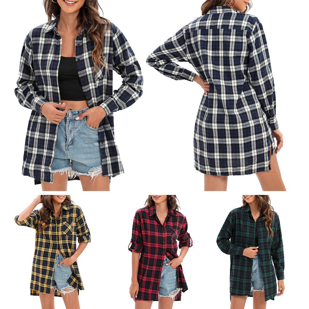 Neue Herbst Frauen Übergroßen Plaid Tartan Hemd Tasten Tasche Drehen-unten Kragen Langarm Baggy