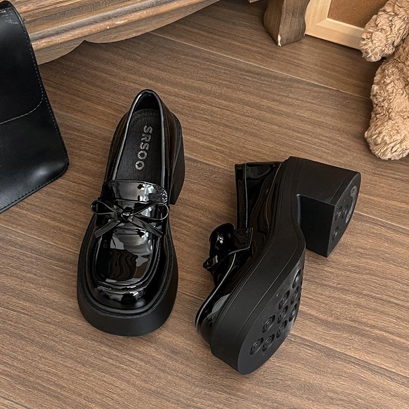 

Женские студенческие туфли Мэри Джейн из маленькой кожи на толстой подошве с круглым носком, летняя новая универсальная черная модель 35