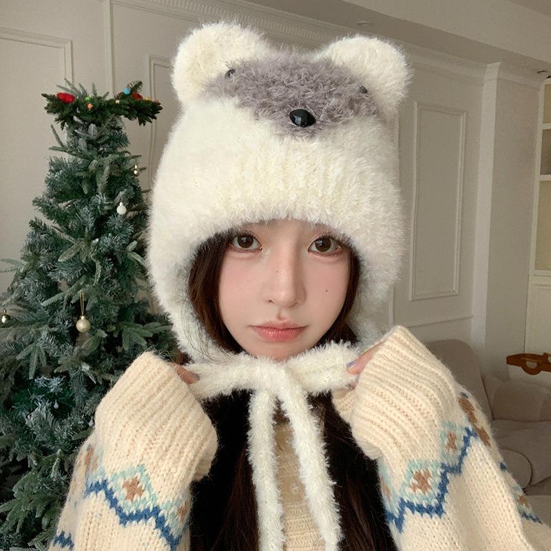 Little Bear Plush Knitted Cap for Women  Cute and Warm Japanese Style Ear Protecting Woolen Cap for Autumn and Winter Outdoor Cycling Cold Proof Cap