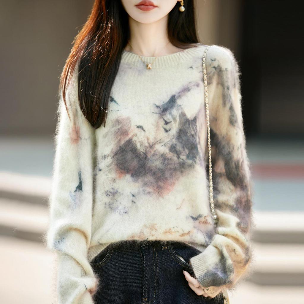 Autumn/Winter 2026 Women's Printed Knit Wool Sweater - Seamless, Plush, Loose Fit, Long Sleeve Top.