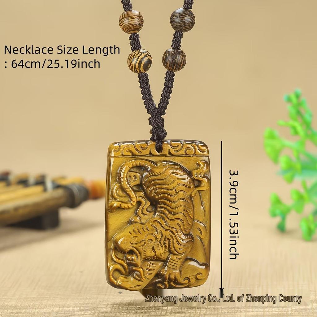 Men's Zodiac Tiger Pendant: Natural Tiger Eye Stone Necklace - Year of the Tiger, Fierce Tiger Design