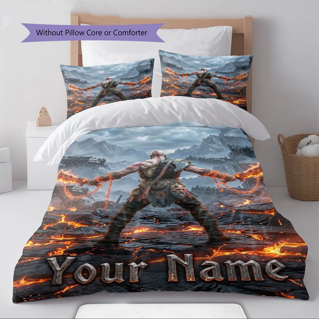 Name Custom Kratos God of War Pattern Bedding Set Quilt Cover Pillowcase Home Decor Gift (1 * Duvet Cover + 2 * Pillowcase, Without Core)