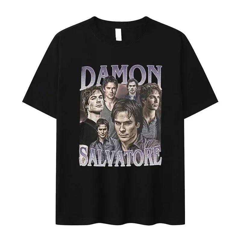 Vintage Y2k T Shirts Damon Salvatore IanSomerhalder TV Drama Pattern Tshirt Fashion Oversized T Shirt Print Street Wear Unisex