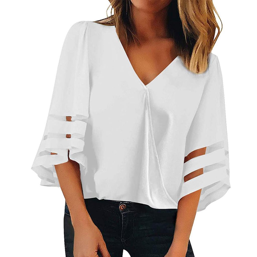 Fashion Women's V-Neck Lace Half Sleeve Casual Solid Hollow Out Tops Blouse