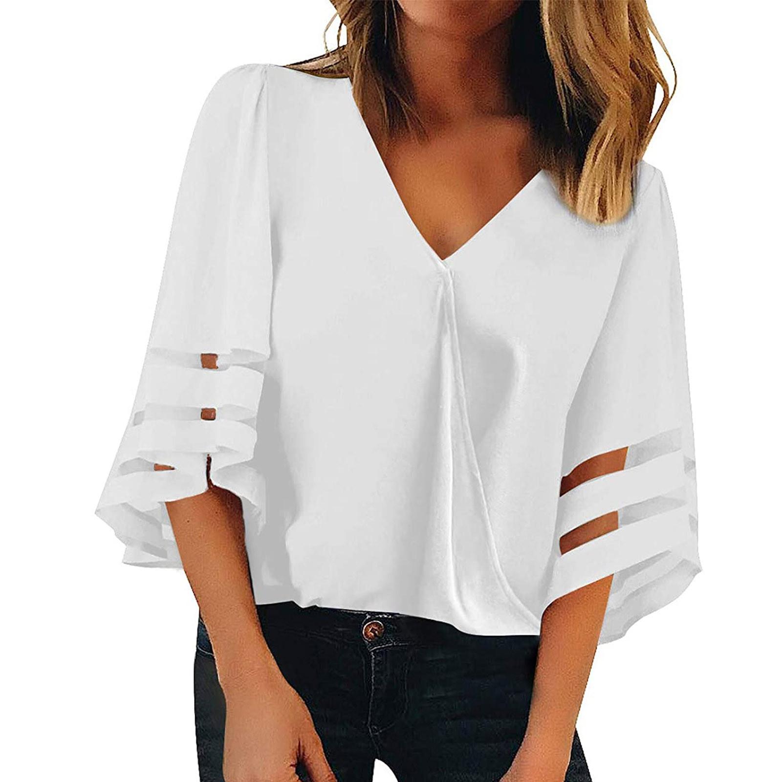 

Модная женская повседневная однотонная кружевная блузка с v-образным вырезом и половиной рукава S белый