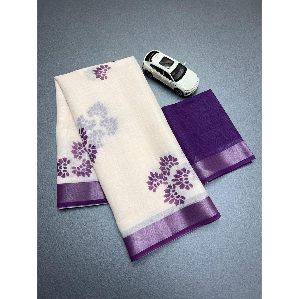 Linen with silver jari border Saree