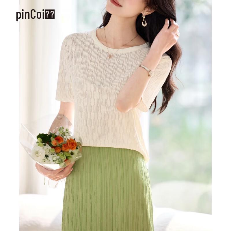 Women s Summer Ice Silk Knit Hollow-Out T-Shirt M