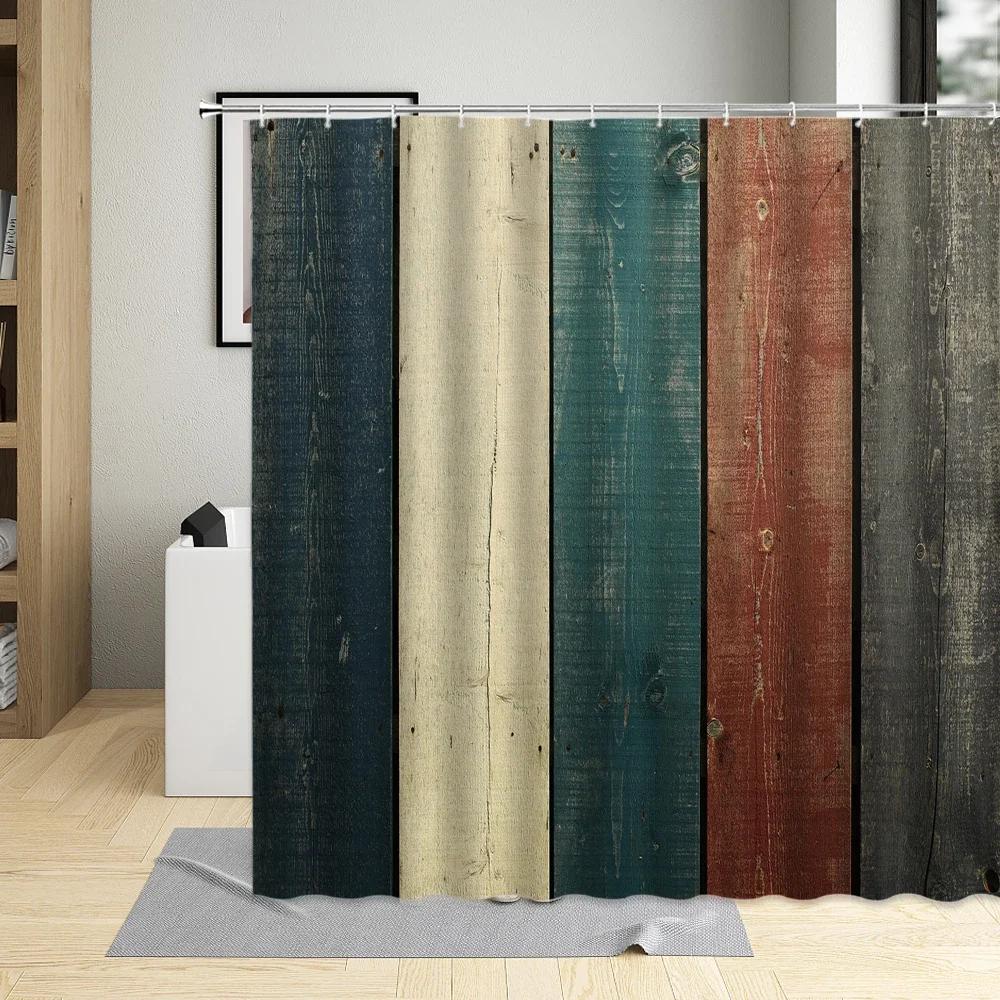 

Vintage Old Wooden Plate Shower Curtain Brown Geometric Stripes Bathroom Decoration Bathtub Screen Curtains Set Polyester Fabric W60H190(CM)-1 Pcs
