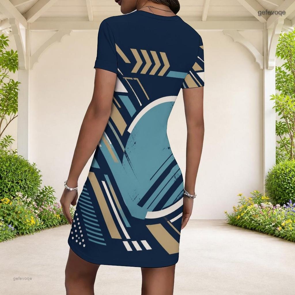 Women Plus Size Round Neck Short Sleeve Abstract Printed Fitted Mini Dress