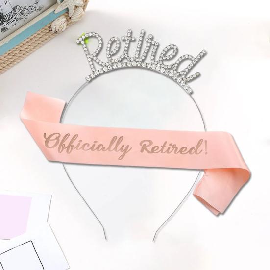 2 st/set pensionsfestskärp tiara-kit roséguld pensionskrona satinbälte med sidokammar festtillbehör