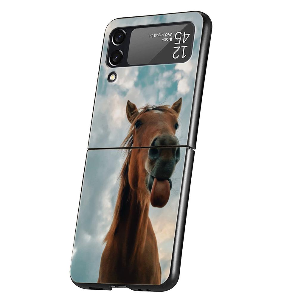 Luxury Phone Case For Samsung Galaxy Z Flip 3 4 5 6 Hard Black Folding PC For Samsung Z Flip3 Flip4 Flip5 Cover Horse Animal