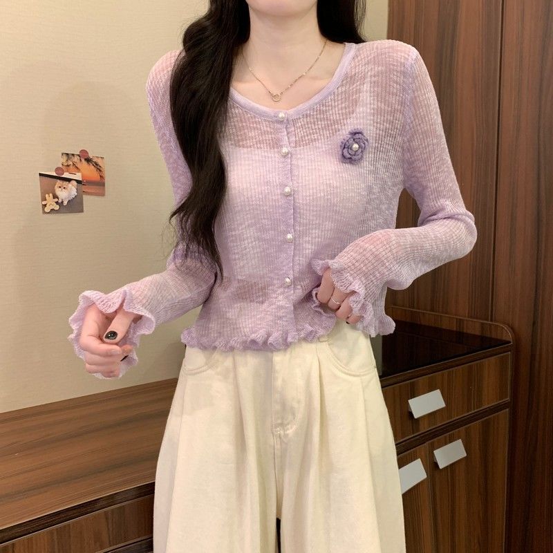 

Женский милый топ с длинным рукавом для весны и лета с дизайнерской оборкой, тонкий стиль, трехмерные цветы, солнцезащитный вязаный свитер XL фиолетовый