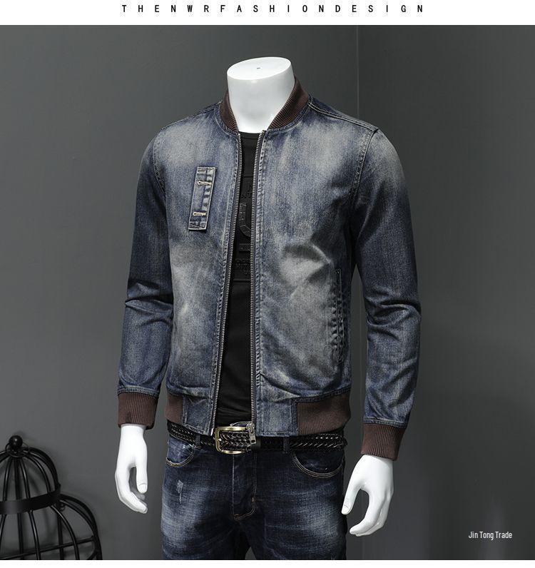 Men's Trendy Retro Motorcycle Denim Jacket - Slim Fit, Fashionable Baseball Collar for Autumn and Winter.