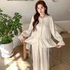 1011 New Korean Ice Silk Pajamas Women's New Chinese Round Neck Jacquard French Sweet Long-sleeved Loungewear Set