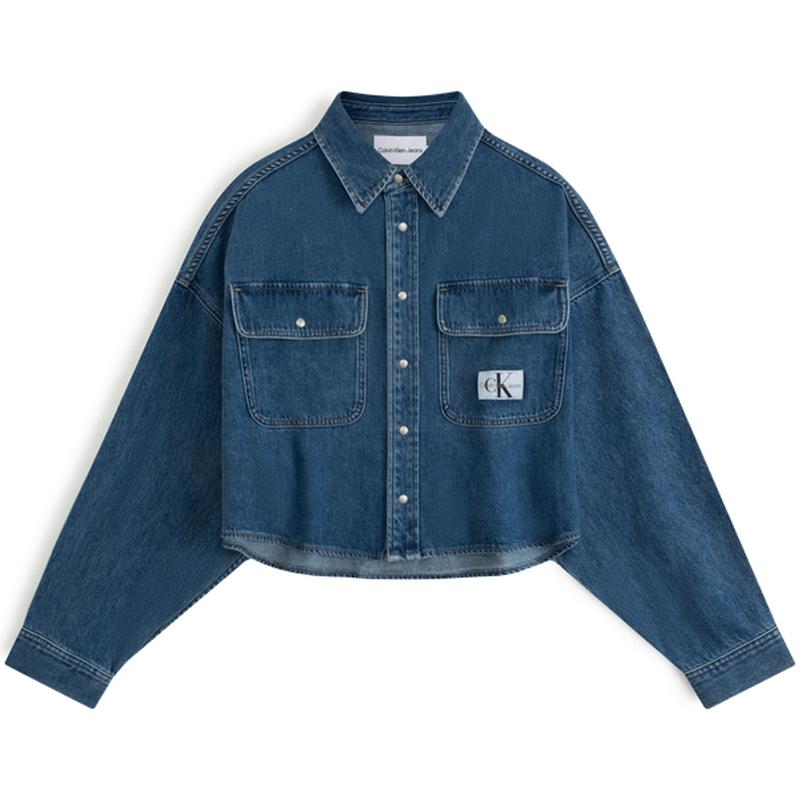 Calvin Klein Minimalist Woven Label Cotton Loose Fit Pointed Collar Button Short Rounded Hem Denim Long Sleeve Shirt Women shirts J2223541A4