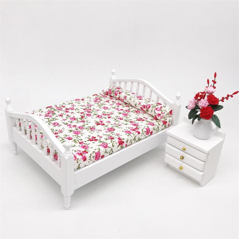 1:12 Mini Dollhouse Furniture Fresh Rose Bedroom Linen Double Bed Bedroom Mini Furniture
