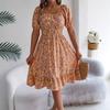 2026 Spring/Summer New Floral Print Square Neck Short Sleeve Waist-Cinching Ruffle Hem Women's A-Line Dress
