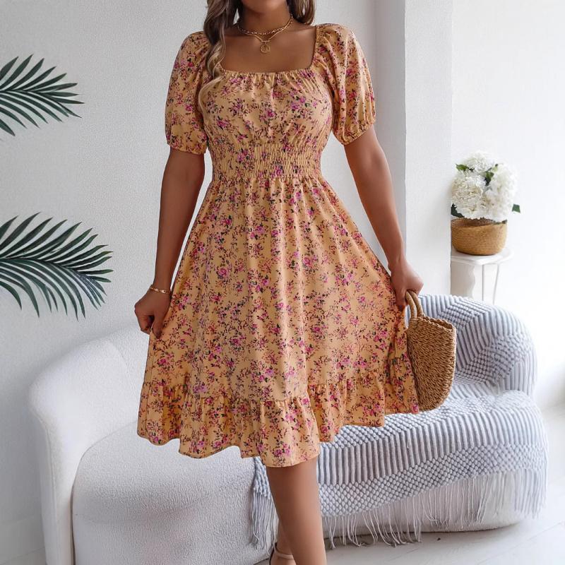 2026 Spring/Summer New Floral Print Square Neck Short Sleeve Waist-Cinching Ruffle Hem Women's A-Line Dress