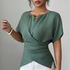 Ladies' Fashionable Casual Short Sleeved Slim Fit Cross Casual Temperament Top