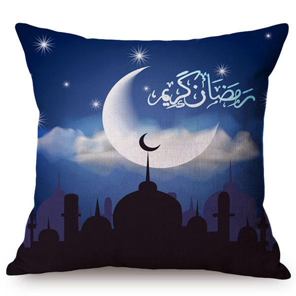 Cotton Linen Sofa Throw Pillow Case, Classic Islam Ramadan Kareem Decoration, Mosque Castle And Moon Pattern, Yellow
