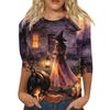 Women's Fashion Casual Halloween Print 3/4 Sleeve T-Shirt with Round Neck