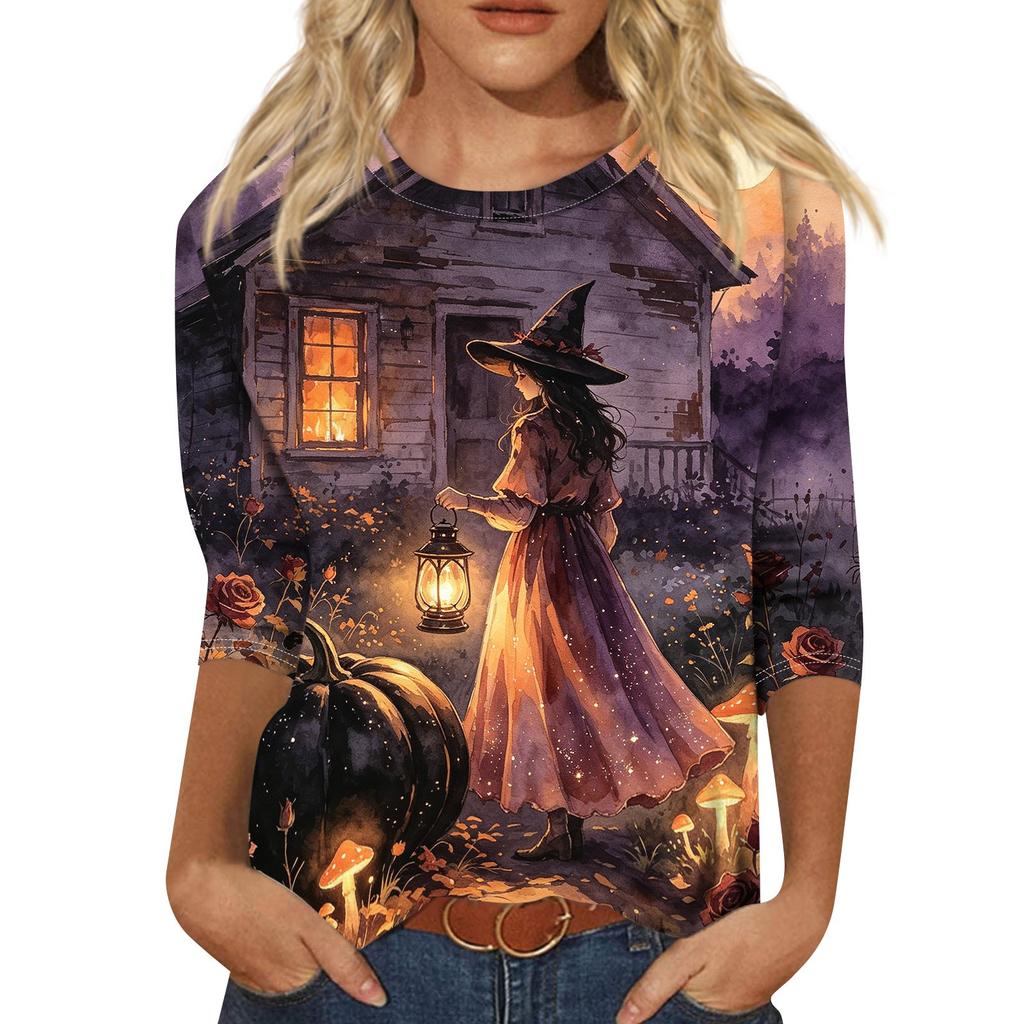 Women's Fashion Casual Halloween Print 3/4 Sleeve T-Shirt with Round Neck