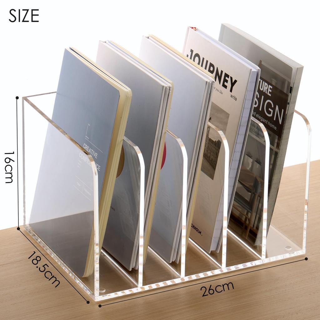 SANRUI File Box Desk Shelf, 5-Tier Book Stand, Acrylic, Desktop Shelf, Vertical Compartment, Desktop Document Storage, Office Supplies, Clear