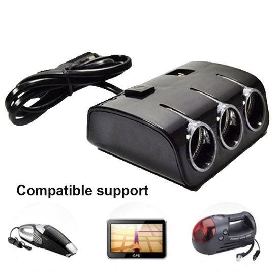 120W Car 3 Cigarette Lighter Sockets Splitter 2USB Ports Charger Power Adapter