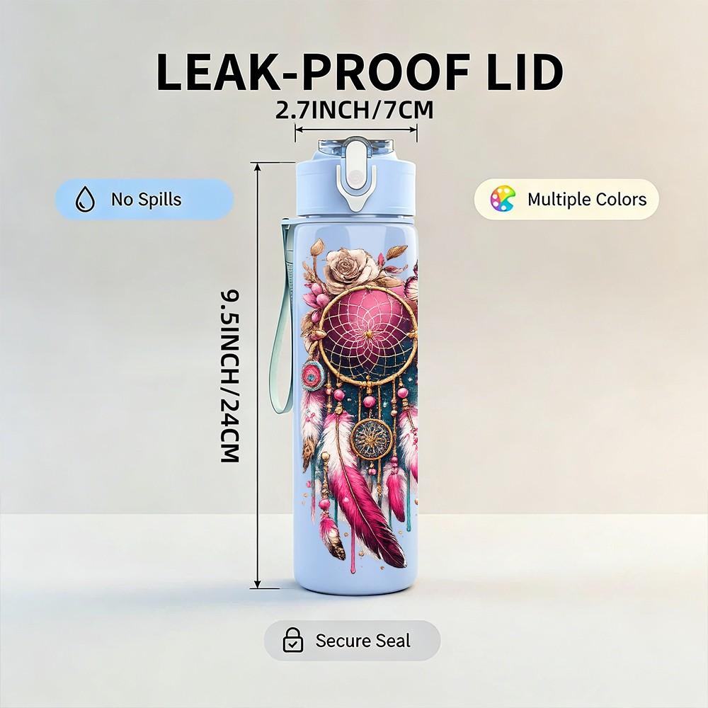 1PC Bohemian Color Flower Print 750ml Color Plastic Sports Water Bottle Leakproof Flip Straw Lid Suitable for Sports Office Home Use