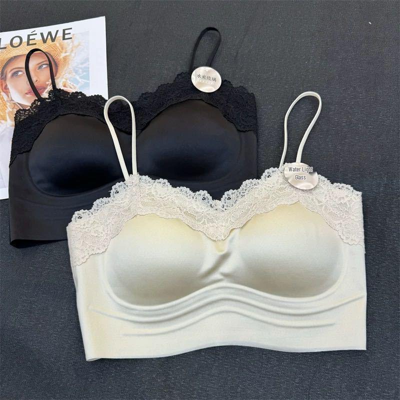 French Pearlescent Lace Camisole: Luxurious Satin Backless Top with Fixed Cup